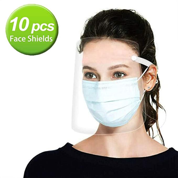 10pcs Adjustable Full Face Shield Plastic Protective Film, Reusable Safety Face Shield, Clear Anti-Fog Face Shield, Anti-Saliva Full Face Protective Visor for Unisex Work Hom