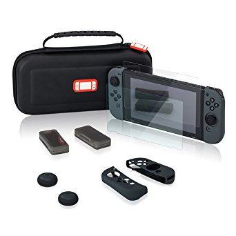 Nintendo Switch Case, with Tempered Glass Screen Protector, Silicone Joy-con gel guards with Thumb Grips Caps, AMDISI Most Complete Carrying Case Accessories Set For Nintendo Switch