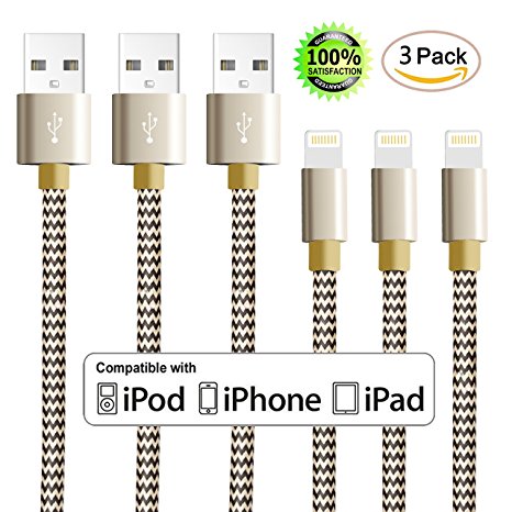 Aonear iPhone Cable,3Pack 6FT Extra Long Nylon Braided Cord Lightning Cable to USB Charging Charger for iPhone 7/7 Plus/ 6/6S/ 6/6S Plus/ 5/5S/SE/5C,iPad,iPod Nano 7 (Gold Black,3Pack 6FT)