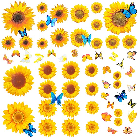 95 Pieces Sunflower Wall Stickers with Butterfly Wall Sticker and 3D Blue Butterfly for Nursery Baby Bedroom Living Room Bathroom Kitchen Decoration