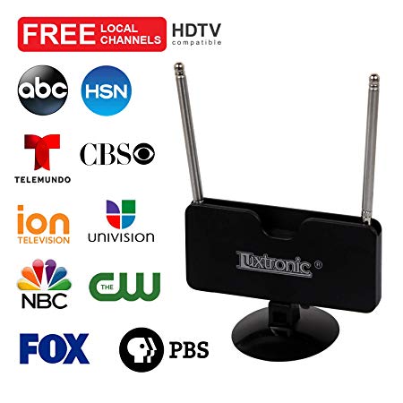 (2019 New Model) Luxtronic Indoor Mini TV Antenna, 40 Miles Signal Reception for 1080P, VHF and UHF, Get Free Local Channels for Smart TV, HDTV and TV Turner with Multi-Positioning Suction Cup- Black