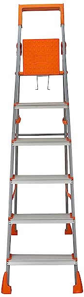 Amazon Basics Clamber Pro  - Foldable Step Ladder with Tool Tray, Firm Grip, 6 Steps (Aluminium Steps, Orange & Satin)