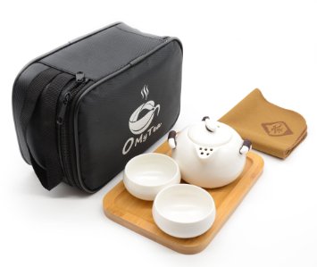 OMyTea® Portable Travel Tea Set - 100% Handmade Chinese / Japanese Vintage Kungfu Gongfu Tea Set - Porcelain Teapot & Teacups & Bamboo Tea Tray & Tea Mat with a Portable Travel Bag (White-2 cups)