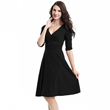 TINYHI 3/4 Sleeve Ruched Waist Elegant V-neck Casual Party Dress