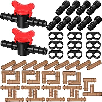 47 Pieces Drip Irrigation Fittings Kit 1/2 Inch Tubing Set Including 2 Switch Valve, 9 Elbows, 9 Couplings, 9 End Cap Plugs, 9 Tees and 9 End Closures Drip for Compatible Drip or Sprinkler Systems