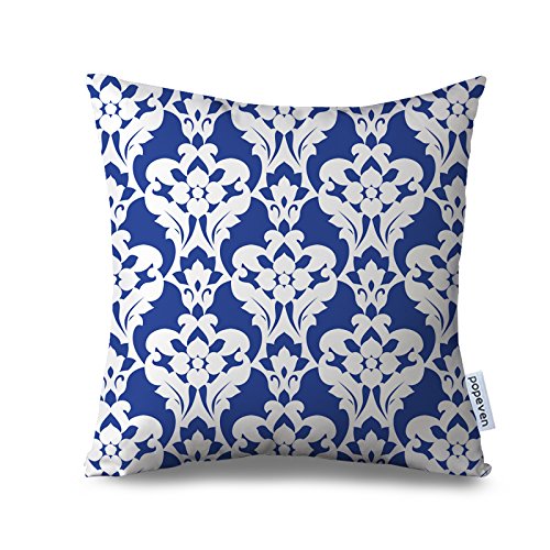 Popeven Royal Blue Pillow Case Decorative Geometric Floral Pillow Cover Square Canvas Accent Throw Pillow Case for Sofa and Couch Decor Standard Size Pillowcase with Zipper 18x18"
