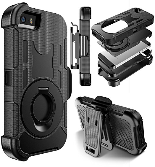 iPhone SE Case, E LV iPhone 5SE Case Cover - Dual Layer Armor Defender Protective Case Cover with kickstand and Belt Swivel Clip for iPhone 5 5S SE - [BLACK]