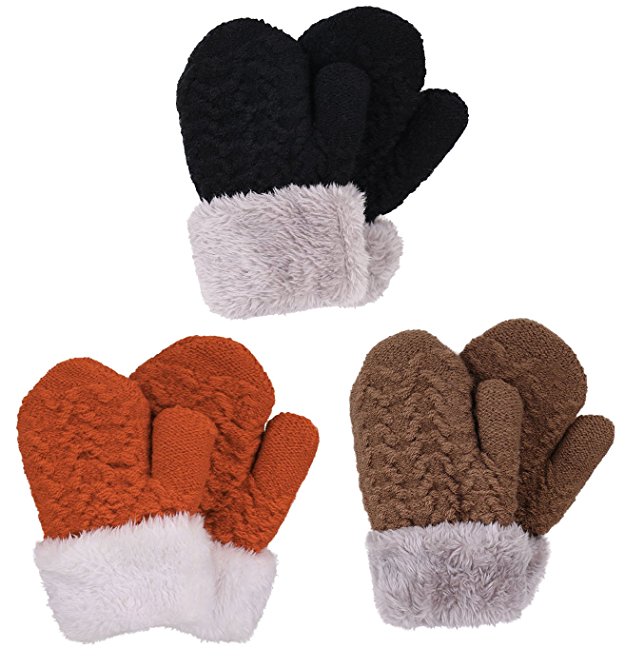 Arctic Paw 3 Pairs Kids' Sherpa Lined Knit Mittens Boys Girls Winter Gloves