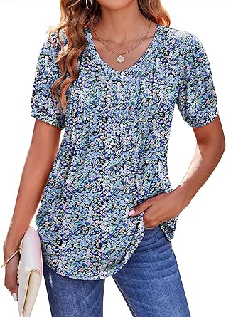 Zeagoo Women's Puff Short Sleeve Boho Shirts Casual V Neck Floral Solid Summer Blouse Pleated Casual Tunic Top