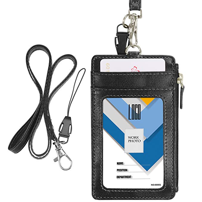 Badge Holder with Zip, Wisdompro 2-Sided Vertical Style PU Leather ID Badge Holder with 1 ID Window, 4 Card Slots, 1 Side Zipper Pocket and 1 Piece 20 Inch PU Neck Lanyard/Strap - Black