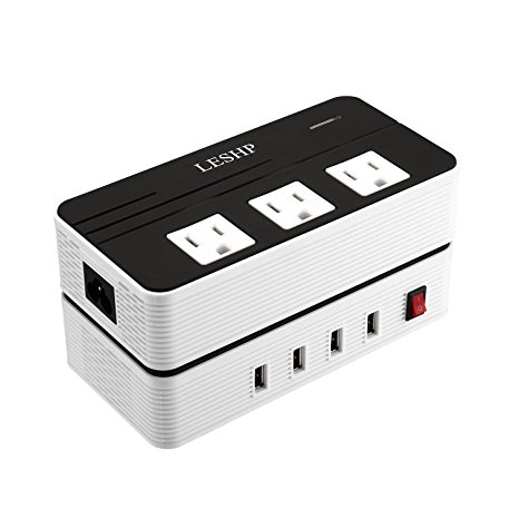 LESHP Portable International Travel Voltage Converter 220V to 110V with Interchangeable Worldwide UK/US/AU/EU Plugs   4 USB Charging Ports for iPhone, iPad, Samsung, Tablet