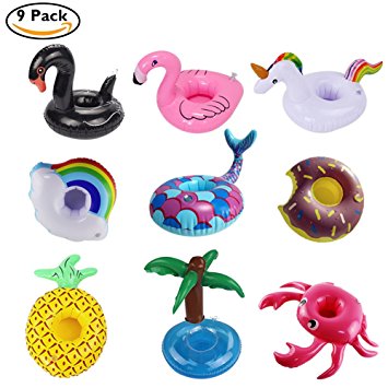 Inflatable Drink Holders, PETUOL 9 Packs Drink Floats Inflatable Cup Coasters for Pool Party and Kids Bath Toys (Mermaid, Swan, Flamingo, Crab, Pineapple)
