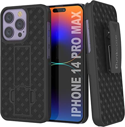 PunkCase iPhone 14 Pro Max Holster Belt Clip Case W/Screen Protector & Built-in Kickstand | Dual Layer Hybrid TPU 360 Full Body Protection [Slim Fit] for iPhone 14 Pro Max (6.7") (2022) [Black]