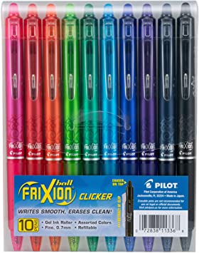 PILOT FriXion Clicker Erasable, Refillable, Retractable Gel Ink Pens (10 Pens), Assorted Color Inks, Fine Point, Original