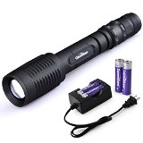 Canwelum Ultra-bright 1200lm Zoom CREE T6 LED Flashlight Powered by Two Pieces of Battery and with Smart 5-mode LED Torch Light A Complete Set with Battery and Charger Bigger Battery Power Capacity and with Protective Board