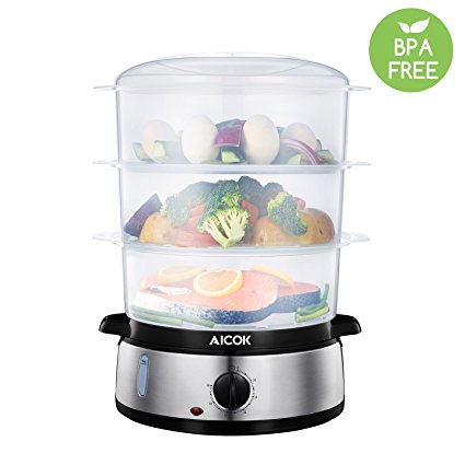 Aicok Food Steamer BPA FREE Healthy Steamer 9.5 Quart 3-Tier Electric Steamer 800W Fast Heat-up for Meat, Vegetable, Egg and Rice, with Stackable Baskets, Stainless Steel