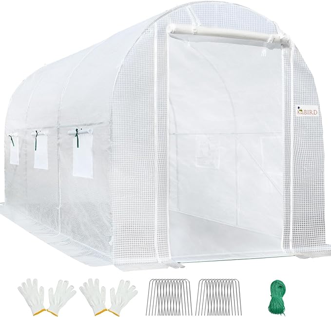 KING BIRD Upgraded 10x6.6x6.6FT Large Walk-in Greenhouse Heavy Duty Galvanized Steel Frame 2 Zippered Screen Doors 6 Screen Windows Tunnel Garden Plant Hot Green House 18 Stakes 4 Ropes 2 Gloves White