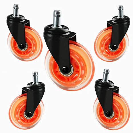 8T8 Replacement Office Chair Caster Wheels 3" - Rollerblade Style Heavy Duty Universal Size Safe for Hardwood Carpet Tile Floors 5 Set (Orange Transparent)