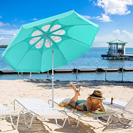 CLISPEED 7 Feet Beach Umbrella with Tilt Aluminum Pole, Flower Vents Design Windproof Patio Umbrella UV 50  Protection Sun Shelter for Sand and Outdoor Activities