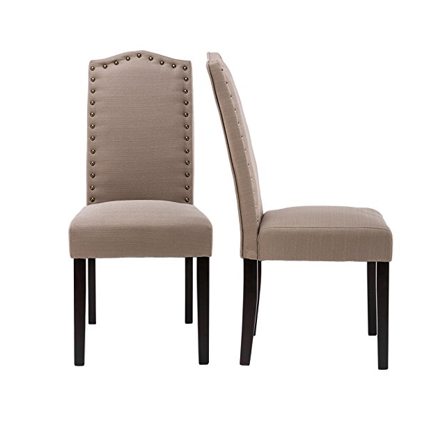 LSSBOUGHT Set of 2 Luxurious Fabric Dining Chairs with Copper Nails and Solid Wood Legs (Light Gray)