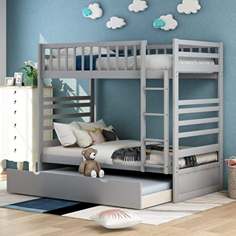 Merax Twin Over Twin Bunk Bed with Trundle Solid Wood Bunk Beds for Kids, Trundle Bed Twin Size (Without Drawers, Light Gray)