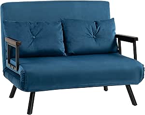 HOMCOM 2 Seater Sofa Bed, Click Clack Convertible Bed Settee, Modern Velvet Feel Fabric Sofa Couch with 2 Tufted Cushions, Wood Armrests, for Living Room, Bedroom, Guest Room, Navy Blue