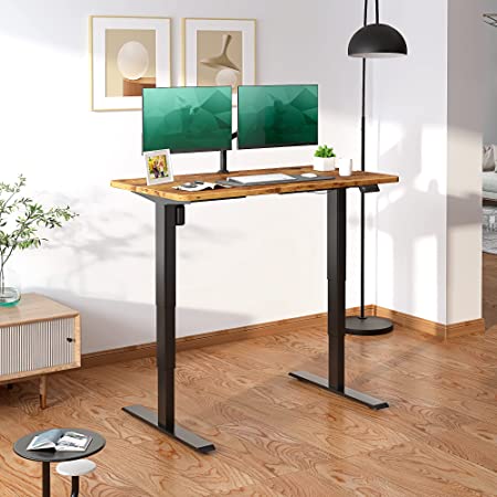 MAIDeSITe Electric Standing Desk, 48 x 24 Inch Height Adjustable Stand up Table, Sit to Stand Desk with 3 Stage Legs, Black Frame/Vintage Top