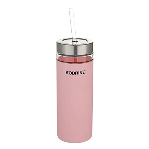 Glass tumbler with straw, 20oz Glass Water Bottle with Silicone Protective Sleeve - Stainless steel and plastic combination lid - BPA Free Pink
