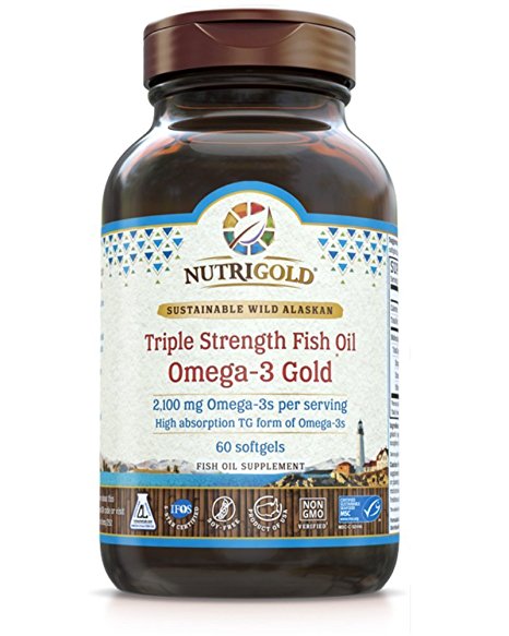 Nutrigold Triple Strength Fish Oil Omega-3 Gold (2,100mg Omega-3s per serving) High absorption TG form of Omega-3s (60 Softgels)
