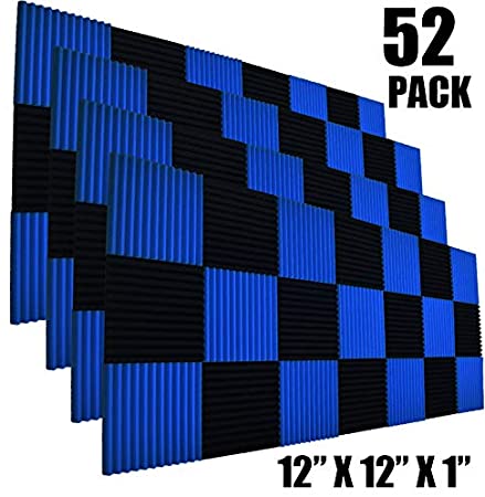 52 Pack 1" x 12" x 12" Black/BLUE Acoustic Wedge Studio Foam Sound Absorption Wall Panels (BLACK/BLUE)