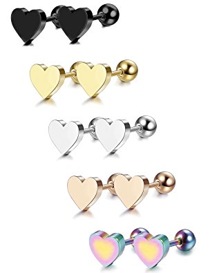 LOYALLOOK 5 Pairs Stainless Steel Heart Stud Earrings Barbell Piercing Studs for Women Men Teens