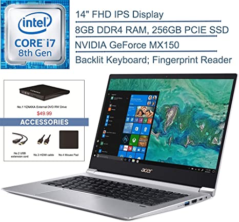 2020 Acer Swift 3 14" FHD Laptop Computer, 8th Gen Intel Quad-Core i7 8565U Up to 4.6GHz, 8GB DDR4 RAM, 256GB PCIe SSD, NVIDIA GeForce MX150, Backlit KB, Windows 10, YZAKKA External DVD   Accessories