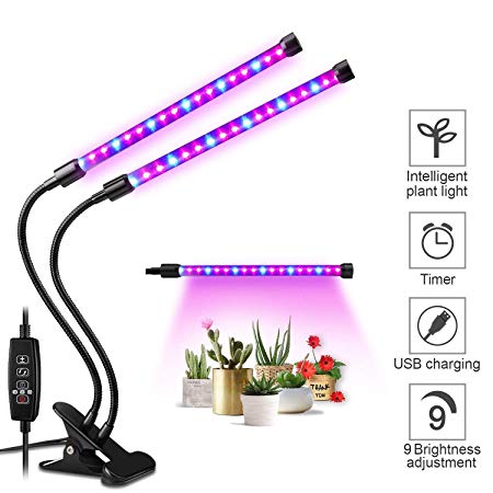 Growing Lamp for Indoor House Plants and Garden, 20W Plant Lights with 40 Red Blue Spectrum LEDs, Adjustable Dual Head Gooseneck Fixture Kit with Stand, 9 Dimmable Levels 3/9/12H Timer LED Grow Light
