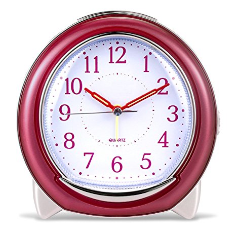 Super Silent Desk Alarm Clock, BonyTek Quartz Alarm Clock with Loud Mechanical Bell Birdsong Melody Alarm, Nightlight, Snooze, Silent Sweep Seconds, Luminous Hands, Battery Powered (Rose Red)