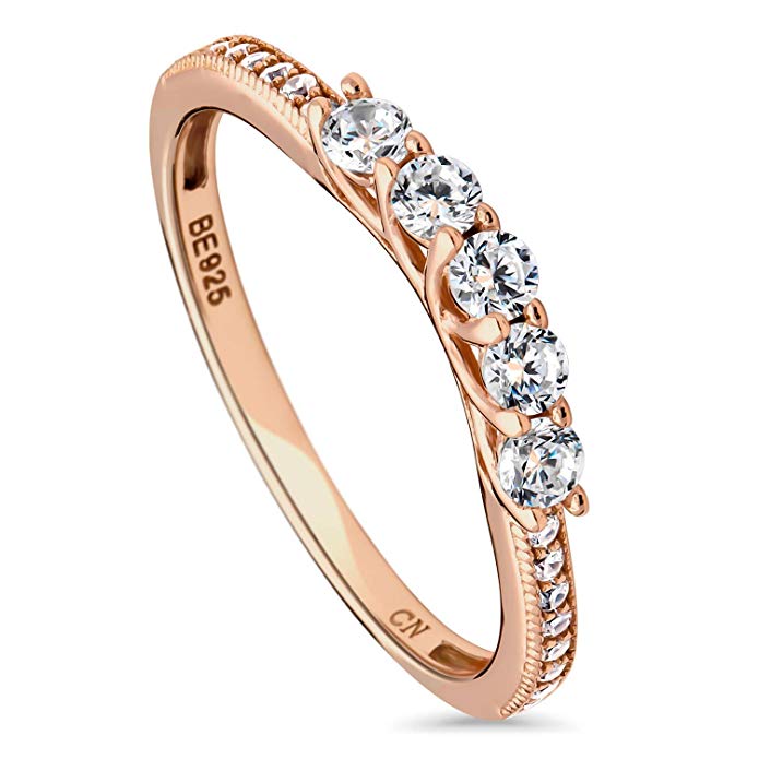 BERRICLE Rose Gold Plated Sterling Silver Round Cubic Zirconia CZ 5-Stone Anniversary Wedding Curved Half Eternity Band Ring