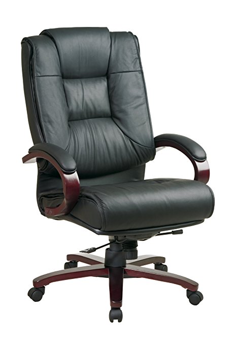 Office Star High Back Plush Leather Back and Seat with Deluxe Locking Mid Pivot Knee Tilt and Mahogany Finish Executive Chair