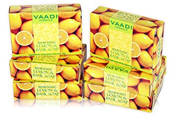 Lemon Soap (Lemon Basil Bar Soap) - Handmade Herbal Soap (Aromatherapy) with 100% Pure Essential Oils - ALL Natural - Natural Skin Whitener - Each 2.65 Ounces - Pack of 6 (16 Ounces) - Vaadi Herbals
