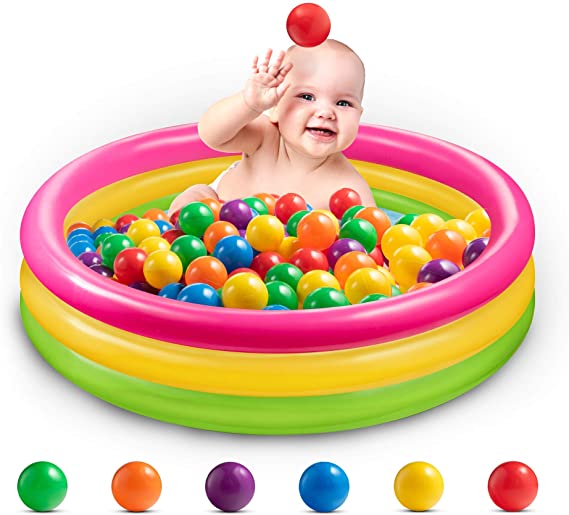 Intex 58924EP Sunset Glow Baby Pool With Inflatable Floor, (34 in x 10 in). Bundled With Intex 49602EP Multi-Colored Plastic Balls (6 colors) 100 pk Perfect for Fun water play - Indoor & Outdoor Use