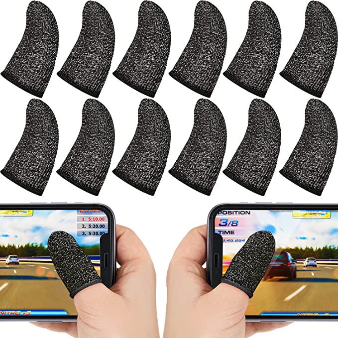 30 Piece Finger Sleeve for Gaming Mobile Game Controller Finger Thumb Sleeve Anti-Sweat Breathable Seamless Touchscreen Finger Cover Silver Fiber for Phone Game PUBG (Black Brim)