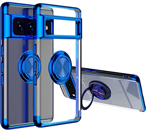 Pixel 7 Case [360° Ring Stand] Crystal Clear [Electroplated Edge] Silicone Soft TPU [Shockproof Protection] Thin Cover Compatible with Google Pixel 7 (Blue)
