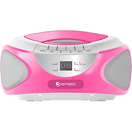 Ematic CD Boom Box with Bluetooth Audio and Speakerphone, Pink