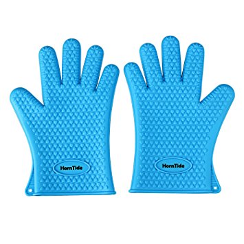 HornTide Heat Resistant Gloves Silicone Oven Mitts Withstand 230°C 446°F Five-Fingered Grip for Baking Cooking Grilling One Size Fits Most (Style A, Blue)