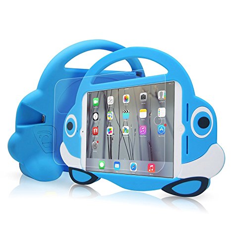 [2016 Newest Version]Ipad Mini Case,TopEs Kids Fun Mini Cartoon Shockproof Silicone Protective Case Cover (Tempered Glass Screen Protector) for iPad Mini, Mini 2, Mini 3 and Retina Models (Blue)