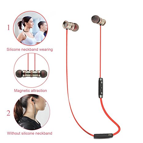 Bovon Wireless Bluetooth Headphones Neckband Style Bluetooth V4.1 APT-X Noise Reduction Sweatproof Earbuds with Magnetic Attraction & Microphone & Stereo for Sport Running (Red)