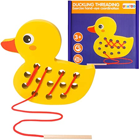 USATDD Wooden Lacing Duck Animals Fine Motor Skills Threading Toys, Airplane Car Travel Game Montessori Cognition Preschool Puzzle Gift for 1 2 3 Years Old Toddlers Baby Kids Boys Girls