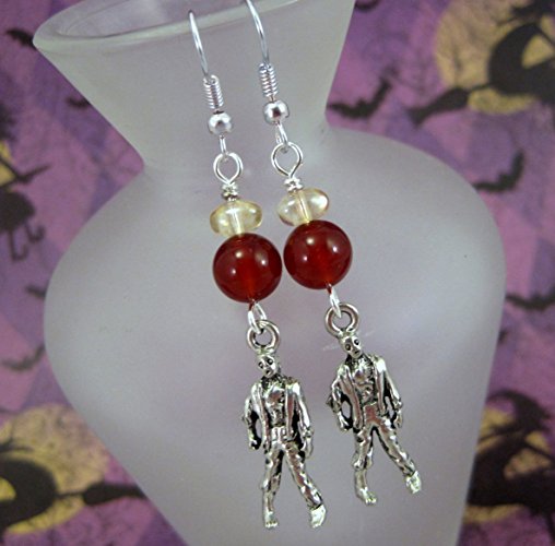 Zombie Pewter and Red Glass Dangle Earrings by ArtsParadis