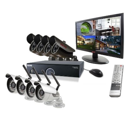 REVO America R165WB4EB4EM21-2T 16 CH 2 TB DVR Surveillance System with 4 Wireless Bullet Cameras, 4 Wired Bullet Cameras and Monitor (Black)