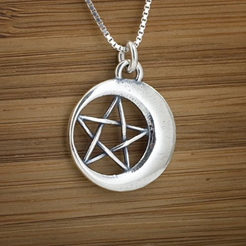 Pentacle in the Moon - Pentagram - STERLING SILVER - Double Sided - (Pendant, or Necklace)