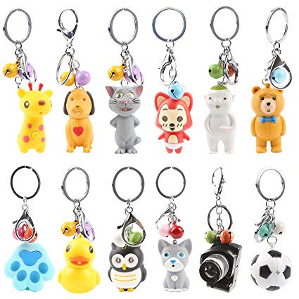 Randomly 6PCS Assorted Light Up Keychains with Clip Key Chain Hooks Animal Cartoon Figures Novelty Keychain Ring with LED Flashlight & Sound Effects for Kids