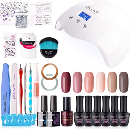 Gellen Gel Nail Polish Starter Kit With Nail Dryer Light- Selected 4 Colors With Top Base Coats Shiny Rhinestones Nail Art Designs Manicure Tools, Blue Turquoise Grays